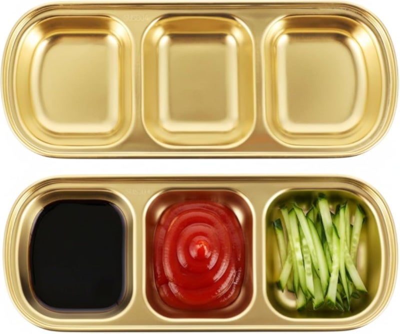 طقم أطباق صلصة التغميس من الفولاذ المقاوم للصدأ من DOITOOL، قطعتان، 3 أوعية تغميس صلصة الصويا، أطباق تقديم مقبلات السوشي، أطباق تقديم صلصة الصويا، الكاتشب، صلصة الباربكيو أو التوابل (ذهبي)